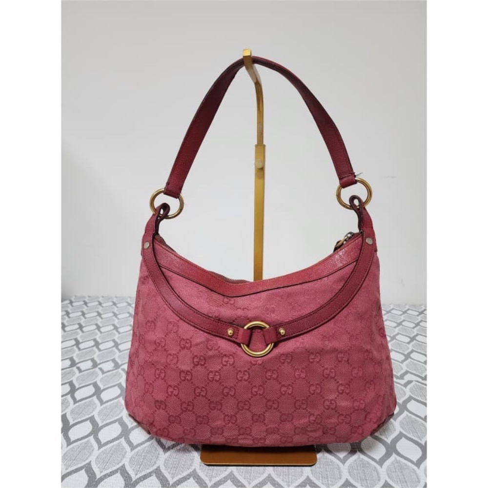 Authentic Gucci GG Canvas And Leather Horsebit Hobo Bag Pink
